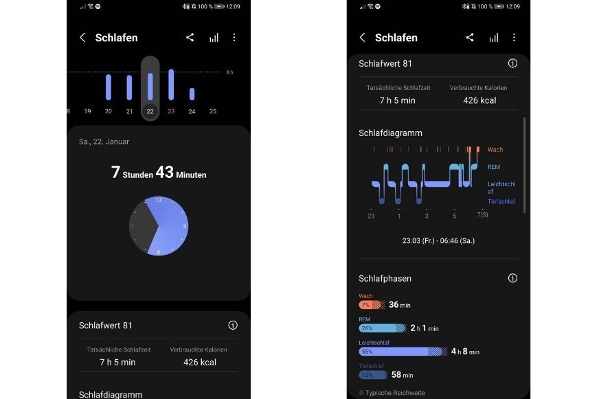 Man sieht die Schlafaufzeichnung in der Samsung Health App. 